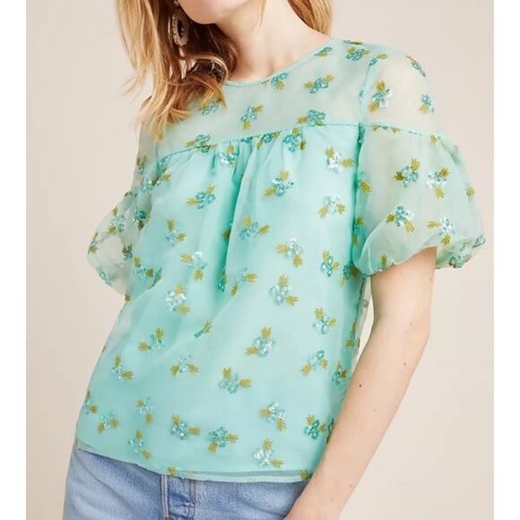 NWT ANthropologie Organza Beaded Top Sabine Green Embroidery Crop Sz 2 Puff - Picture 1 of 11